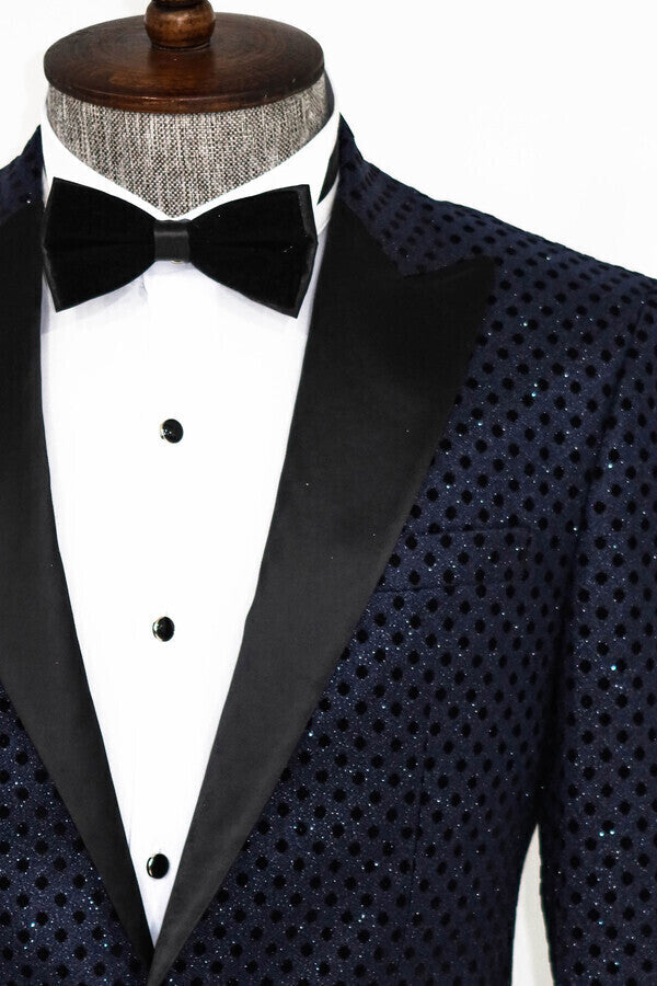 Blazer de fiesta para hombre azul marino con estampado de lunares y lentejuelas - Wessi