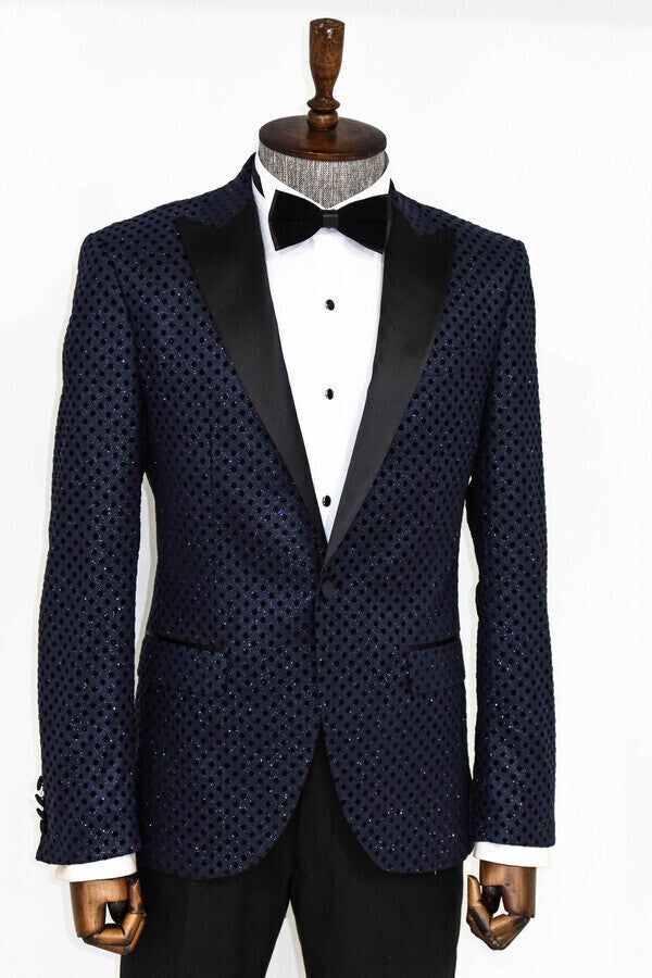 Sequin Dot Patterned Navy Blue Men Prom Blazer - Wessi