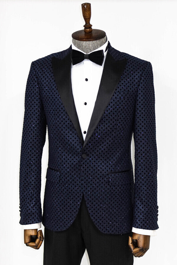 Blazer de fiesta para hombre azul marino con estampado de lunares y lentejuelas - Wessi