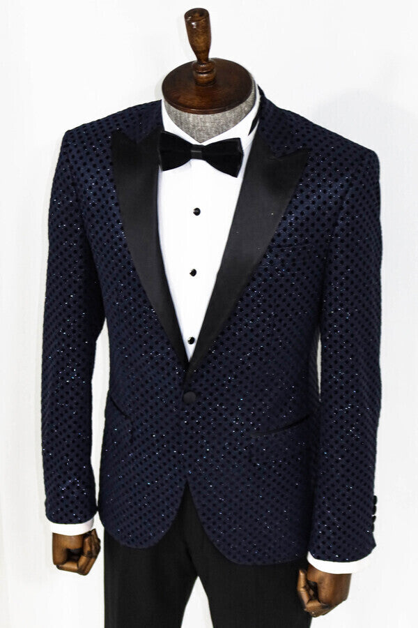 Blazer de fiesta para hombre azul marino con estampado de lunares y lentejuelas - Wessi