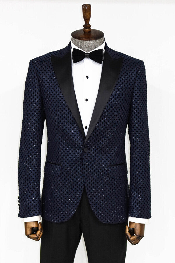 Sequin Dot Patterned Navy Blue Men Prom Blazer - Wessi