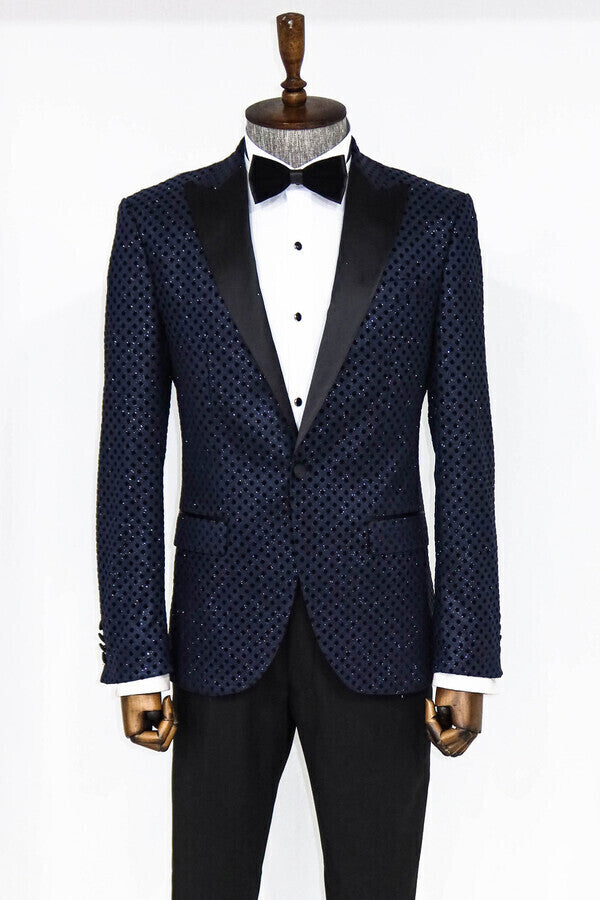 Sequin Dot Patterned Navy Blue Men Prom Blazer - Wessi