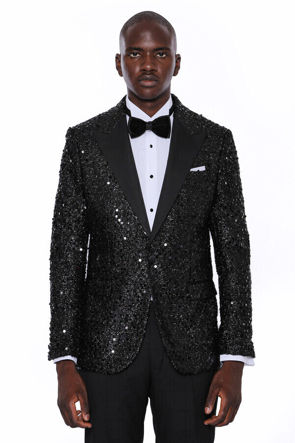 Sequin Patterned Black Party Blazer | Wessi