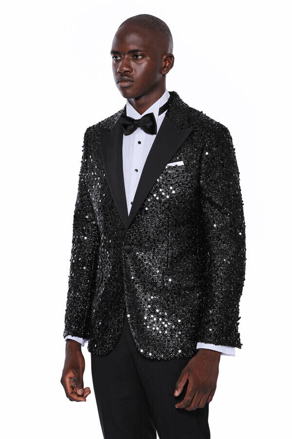 Sequin Patterned Black Party Blazer | Wessi