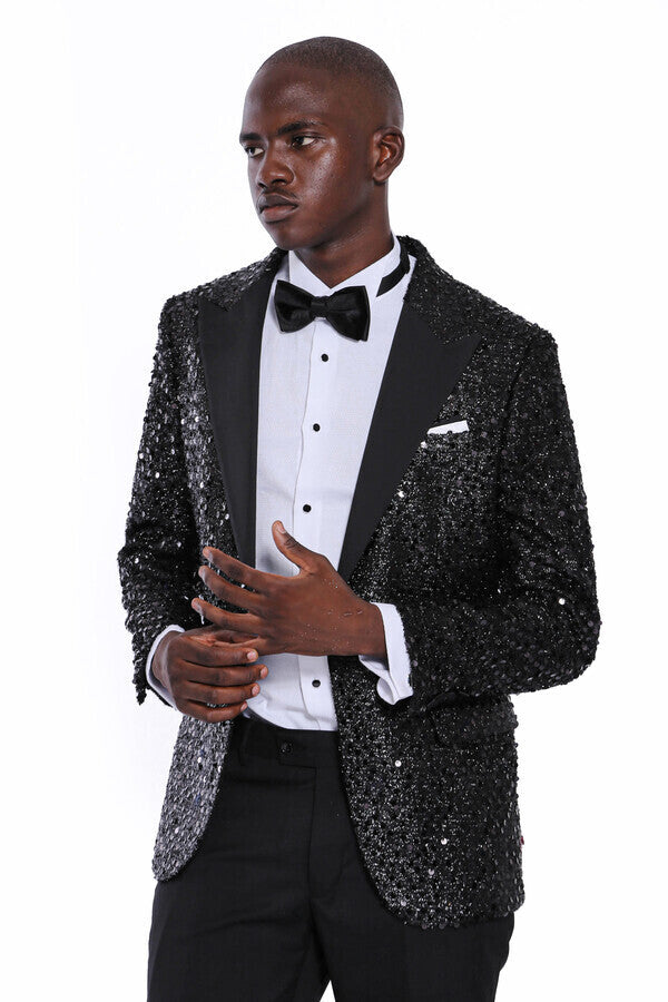 Sequin Patterned Black Party Blazer | Wessi