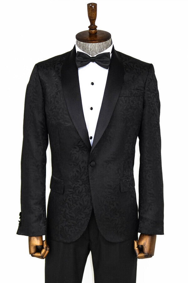 Blazer de fiesta para hombre con estampado floral y solapa chal en color negro - Wessi