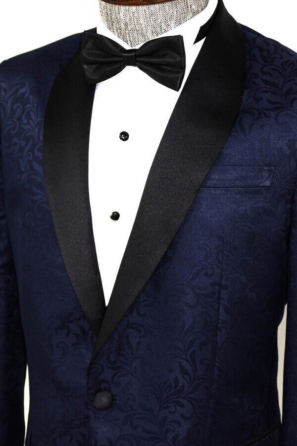 Shawl Lapel Floral Patterned Navy Blue Men Prom Blazer - Wessi