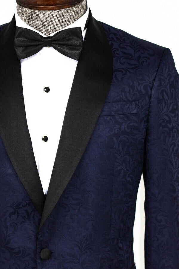 Shawl Lapel Floral Patterned Navy Blue Men Prom Blazer - Wessi