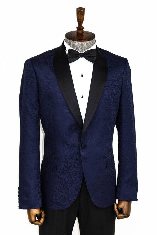 Blazer de fiesta para hombre azul marino con estampado floral y solapa chal - Wessi