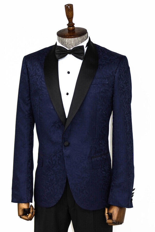 Shawl Lapel Floral Patterned Navy Blue Men Prom Blazer - Wessi