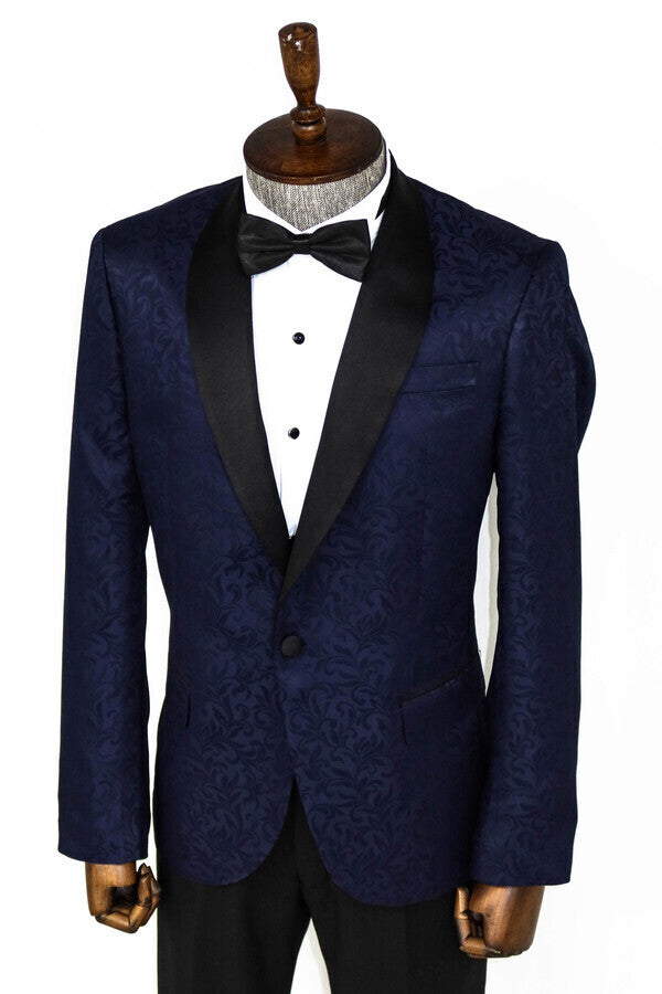 Blazer de fiesta para hombre azul marino con estampado floral y solapa chal - Wessi