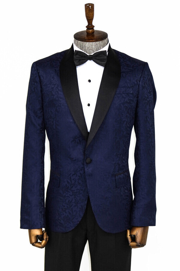 Blazer de fiesta para hombre azul marino con estampado floral y solapa chal - Wessi