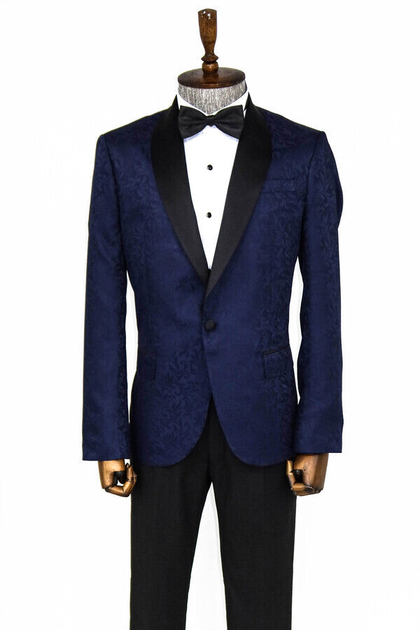 Blazer de fiesta para hombre azul marino con estampado floral y solapa chal - Wessi