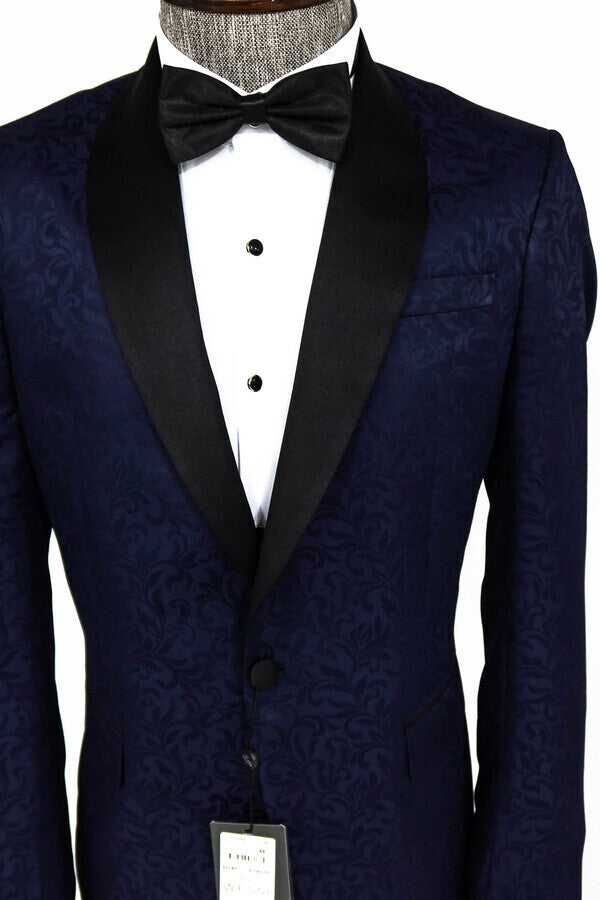 Blazer de fiesta para hombre azul marino con estampado floral y solapa chal - Wessi