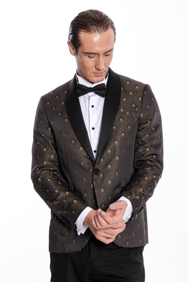 Blazer de esmoquin negro con estampado de lunares dorados y solapa chal para hombre - Wessi