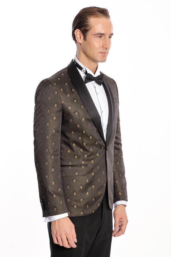 Blazer de esmoquin negro con estampado de lunares dorados y solapa chal para hombre - Wessi