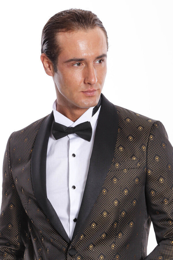 Blazer de esmoquin negro con estampado de lunares dorados y solapa chal para hombre - Wessi