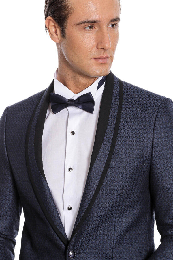 Shawl Lapel Patterned Slim Fit Navy Blue Tuxedo | Wessi