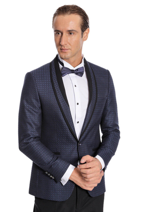 Shawl Lapel Patterned Slim Fit Navy Blue Tuxedo | Wessi