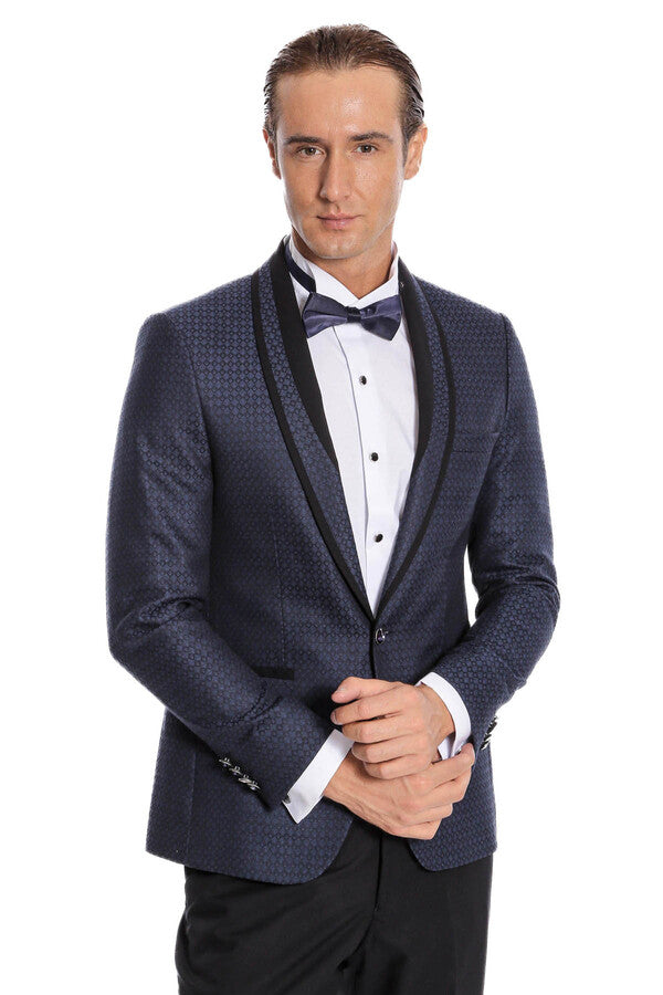 Shawl Lapel Patterned Slim Fit Navy Blue Tuxedo | Wessi