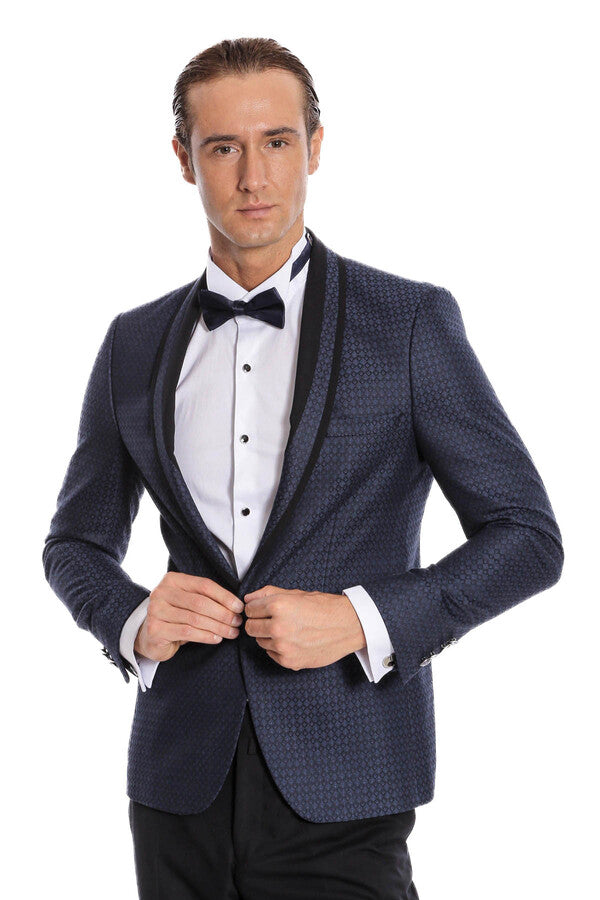 Shawl Lapel Patterned Slim Fit Navy Blue Tuxedo | Wessi