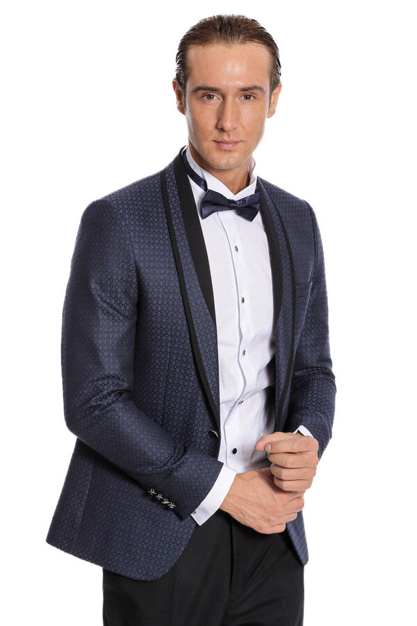 Shawl Lapel Patterned Slim Fit Navy Blue Tuxedo | Wessi