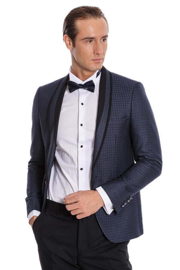 Shawl Lapel Patterned Slim Fit Navy Blue Tuxedo | Wessi