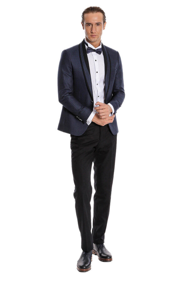 Shawl Lapel Patterned Slim Fit Navy Blue Tuxedo | Wessi