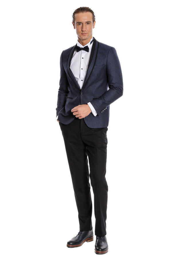 Shawl Lapel Patterned Slim Fit Navy Blue Tuxedo | Wessi