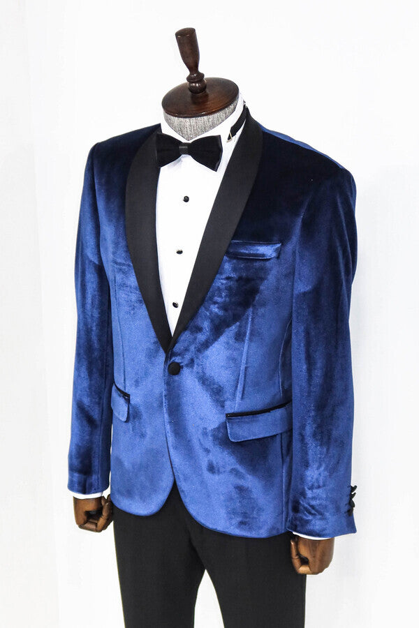 Blazer de fiesta para hombre de terciopelo azul marino con solapa chal - Wessi