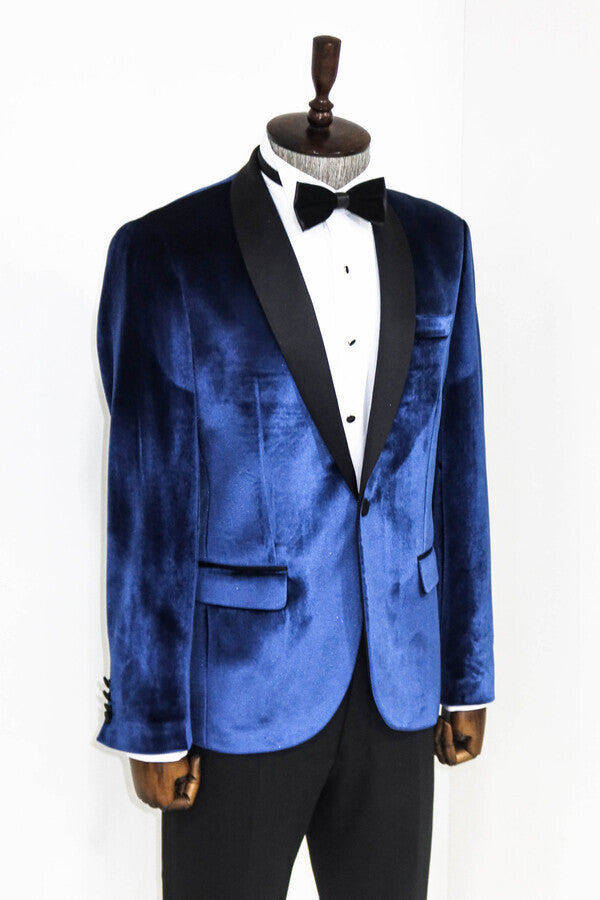 Blazer de fiesta para hombre de terciopelo azul marino con solapa chal - Wessi