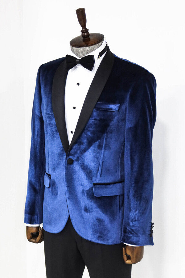 Blazer de fiesta para hombre de terciopelo azul marino con solapa chal - Wessi