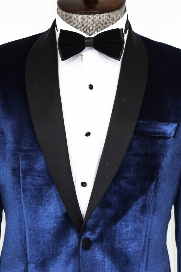 Blazer de fiesta para hombre de terciopelo azul marino con solapa chal - Wessi