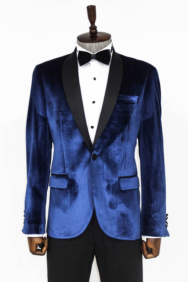 Blazer de fiesta para hombre de terciopelo azul marino con solapa chal - Wessi