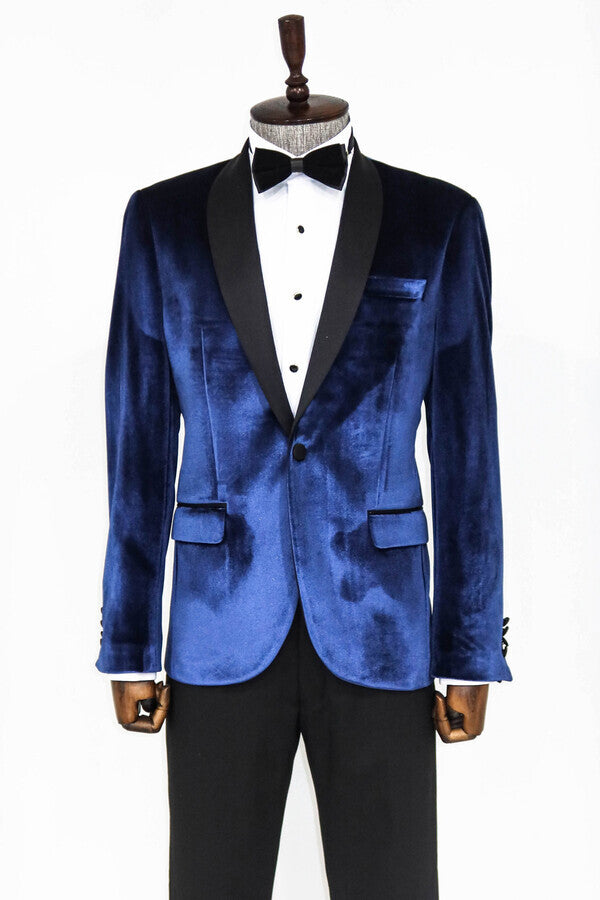 Blazer de fiesta para hombre de terciopelo azul marino con solapa chal - Wessi