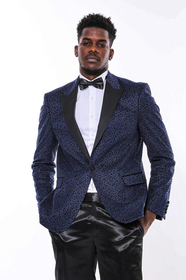 Shiny Dot Patterned Navy Blue Men Prom Blazer - Wessi