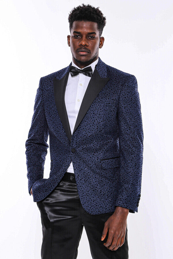 Shiny Dot Patterned Navy Blue Men Prom Blazer - Wessi