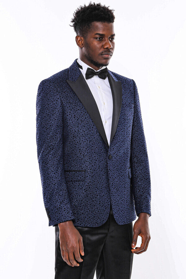 Shiny Dot Patterned Navy Blue Men Prom Blazer - Wessi