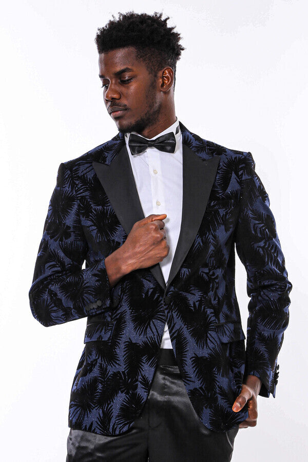 Shiny Leaf Patterned Navy Blue Men Prom Blazer - Wessi