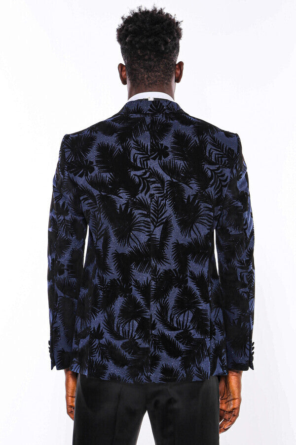 Shiny Leaf Patterned Navy Blue Men Prom Blazer - Wessi