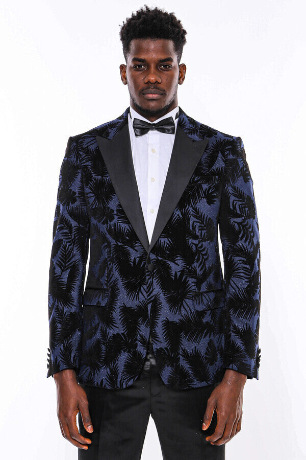 Shiny Leaf Patterned Navy Blue Men Prom Blazer - Wessi