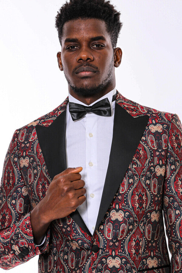 Shiny Patterned Burgundy Men Prom Blazer - Wessi