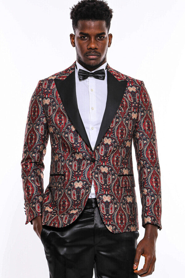 Shiny Patterned Burgundy Men Prom Blazer - Wessi