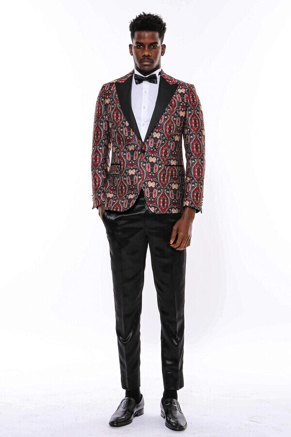 Shiny Patterned Burgundy Men Prom Blazer - Wessi