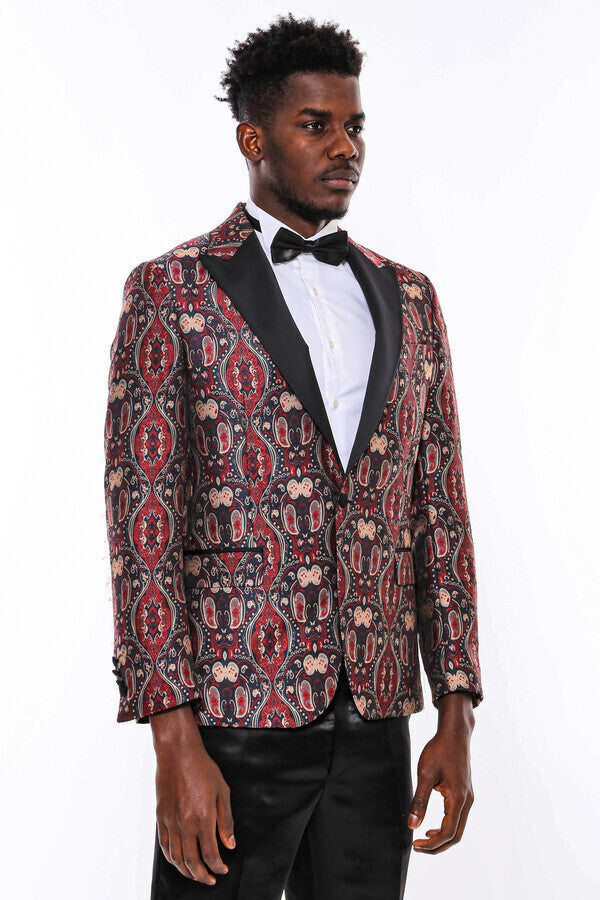 Shiny Patterned Burgundy Men Prom Blazer - Wessi