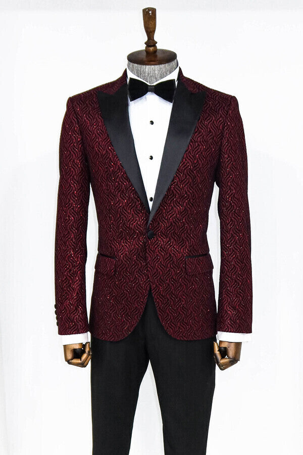 Shiny Patterned Burgundy Prom Blazer - Wessi