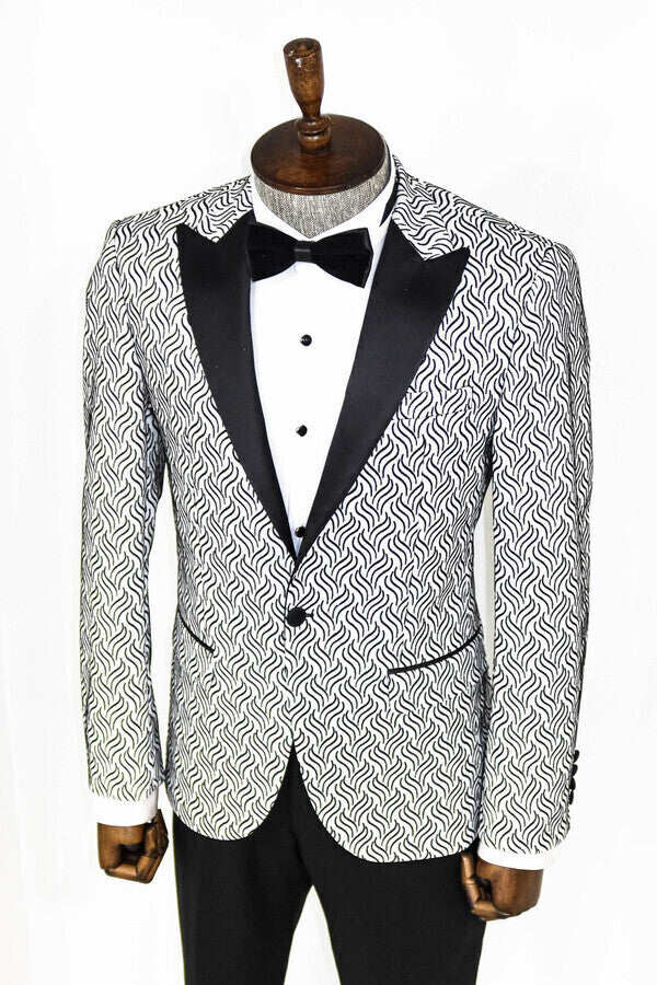 Shiny Patterned White Men Prom Blazer - Wessi