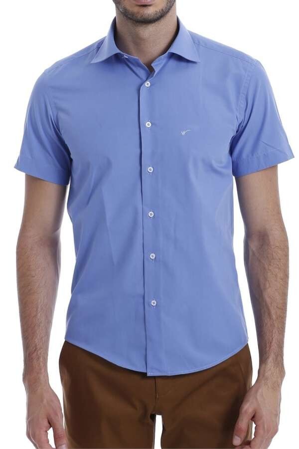 Short Sleeve Poly Cotton Slim Fit Blue Men Shirt - Wessi