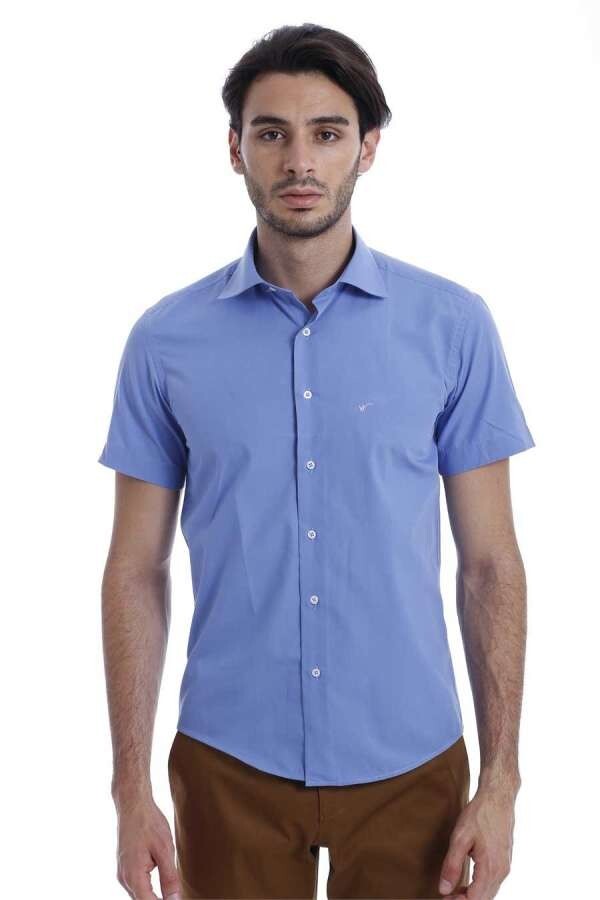 Short Sleeve Poly Cotton Slim Fit Blue Men Shirt - Wessi