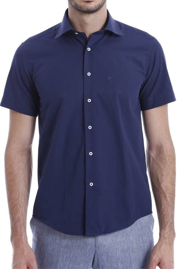 Short Sleeve Poly Cotton Slim Fit Navy Blue Men Shirt - Wessi